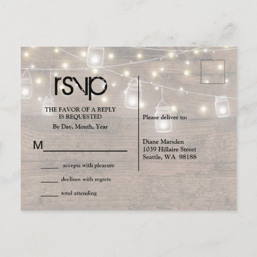 Rustic Mason Jar String Lights RSVP Uitnodiging Briefkaart (Achterkant)