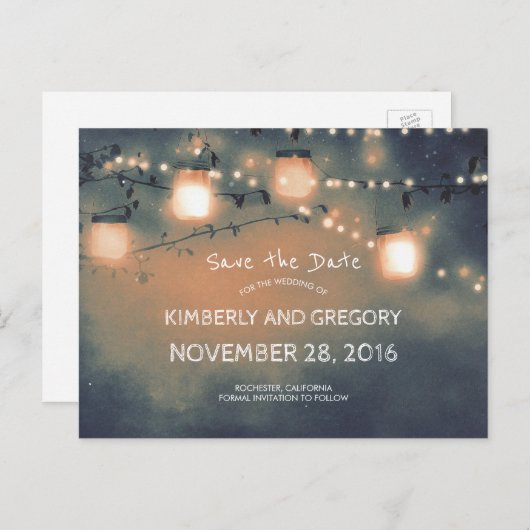 Rustic Mason Jar String Lights Save the Date Aankondigingskaart (Voorkant / Achterkant)