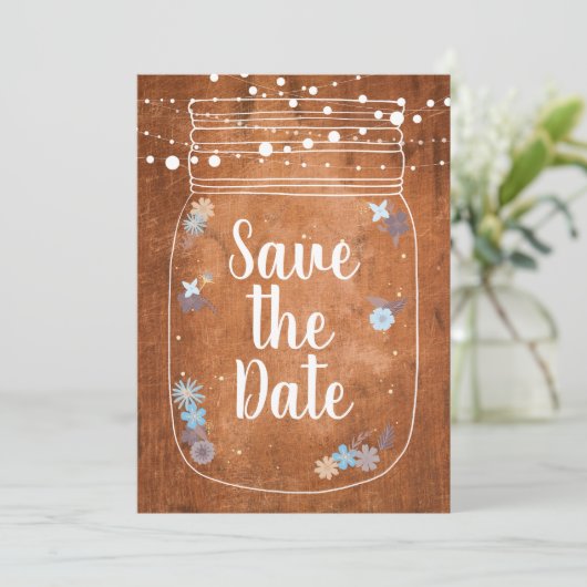 Rustic Mason Jar String Lights Save the Date Kaart (Staand voorkant)