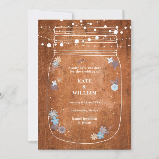 Rustic Mason Jar String Lights Save the Date Kaart (Achterkant)