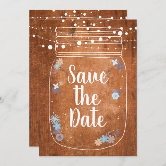 Rustic Mason Jar String Lights Save the Date Kaart (Voorkant / Achterkant)