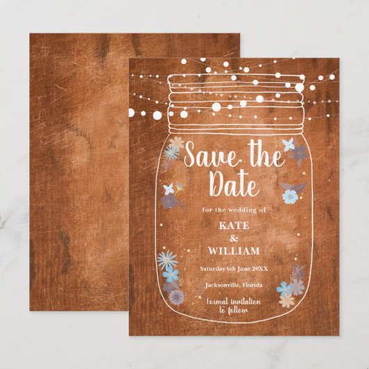 Rustic Mason Jar String Lights Save the Date Uitnodiging Briefkaart (Voorkant / Achterkant)