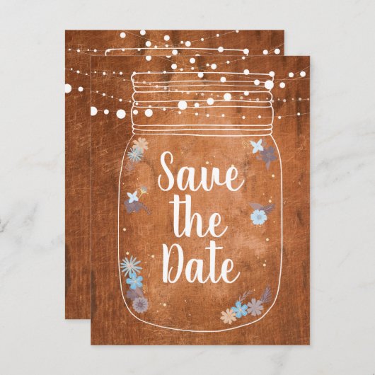 Rustic Mason Jar String Lights Save the Date Uitnodiging Briefkaart (Voorkant / Achterkant)