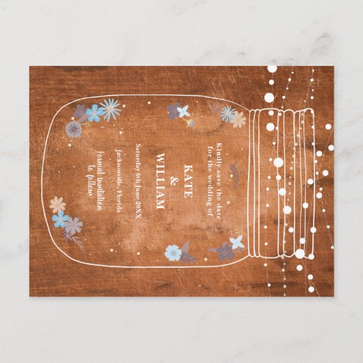 Rustic Mason Jar String Lights Save the Date Uitnodiging Briefkaart (Achterkant)