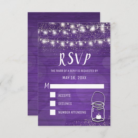 Rustic Mason Jar String Lights Violet Wedding RSVP (Voorkant / Achterkant)