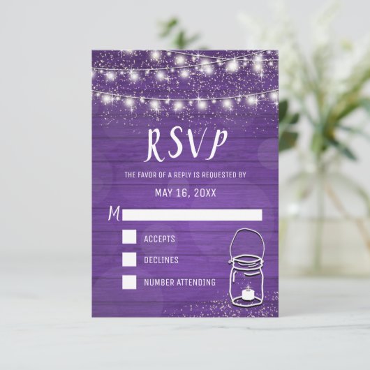 Rustic Mason Jar String Lights Violet Wedding RSVP Kaartje (Staand voorkant)