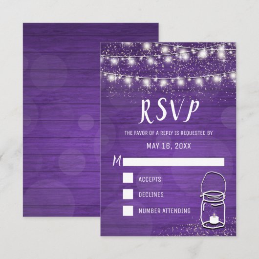 Rustic Mason Jar String Lights Violet Wedding RSVP Kaartje (Voorkant / Achterkant)