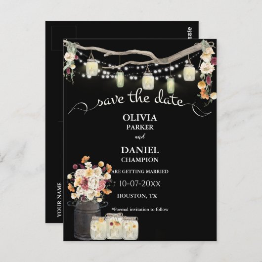 Rustic Mason Jar String Lights Waterverf Flowers Briefkaart (Voorkant / Achterkant)