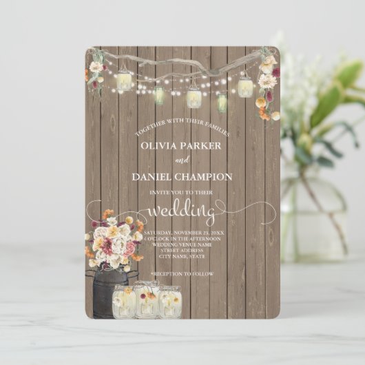 Rustic Mason Jar String Lights Waterverf Flowers Kaart (Staand voorkant)