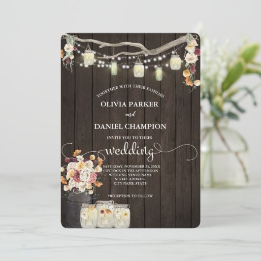 Rustic Mason Jar String Lights Waterverf Flowers  Kaart (Staand voorkant)