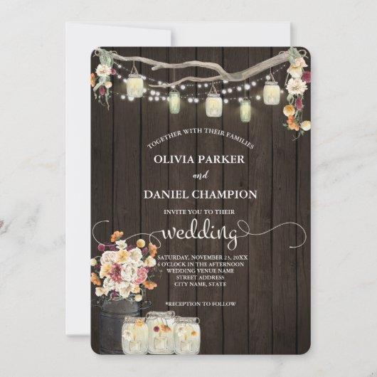 Rustic Mason Jar String Lights Waterverf Flowers Kaart (Voorkant)