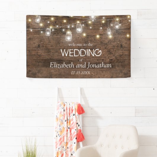 Rustic Mason Jar String Lights Weddenschap Welkom Spandoek (Insitu)