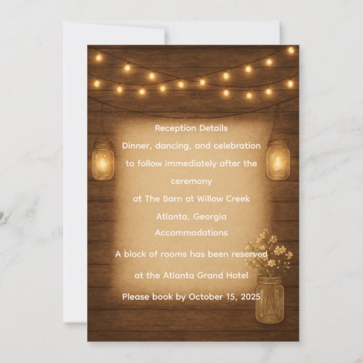 Rustic Mason Jar String Lights Wedding Kaart (Achterkant)
