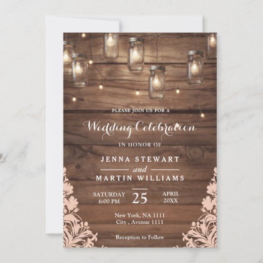 Rustic Mason Jar String Lights Wedding Kaart (Voorkant)