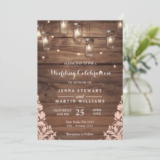 Rustic Mason Jar String Lights Wedding Kaart (Staand voorkant)