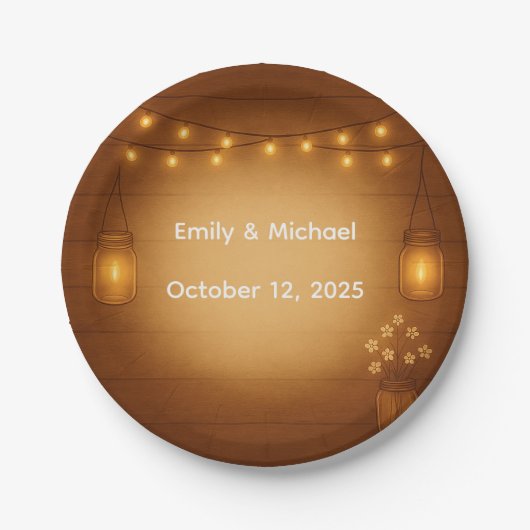 Rustic Mason Jar & String Lights Wedding Papieren Bordje (Voorkant)