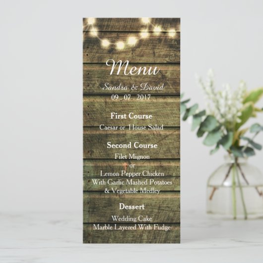 Rustic Mason Jar String of Lights Wedding Menu (Staand voorkant)