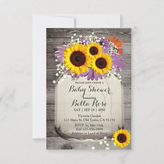 Rustic Mason Jar Sunflower Baby Shower Invitaties Kaart (Voorkant)