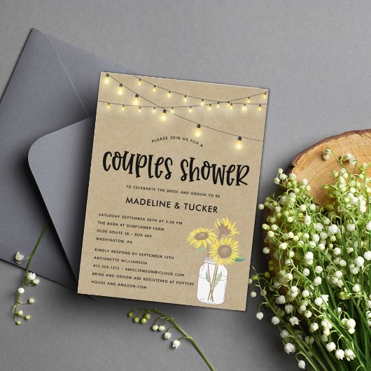 Rustic Mason Jar Sunflower Couples Shower Briefkaart
