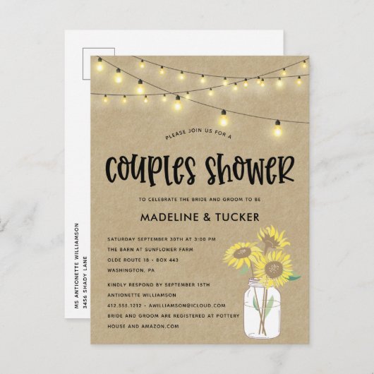 Rustic Mason Jar Sunflower Couples Shower Briefkaart (Voorkant / Achterkant)
