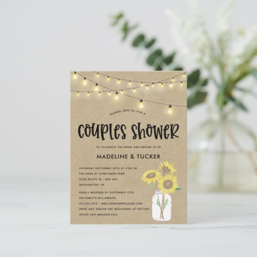 Rustic Mason Jar Sunflower Couples Shower Briefkaart (Staand voorkant)