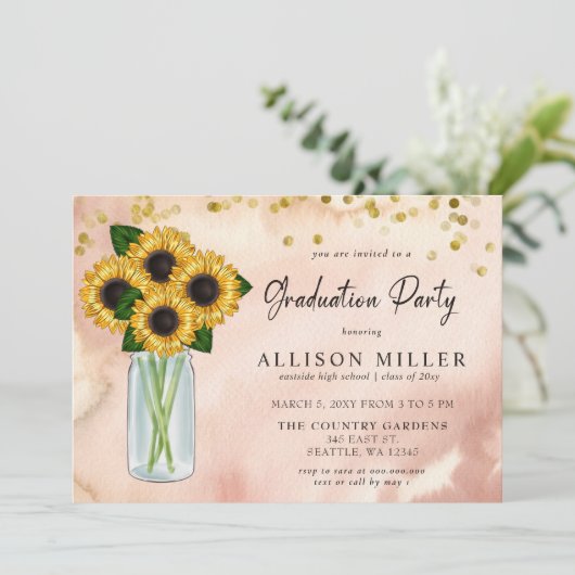 Rustic Mason Jar Sunflower Foto Afstuderen Kaart (Staand voorkant)