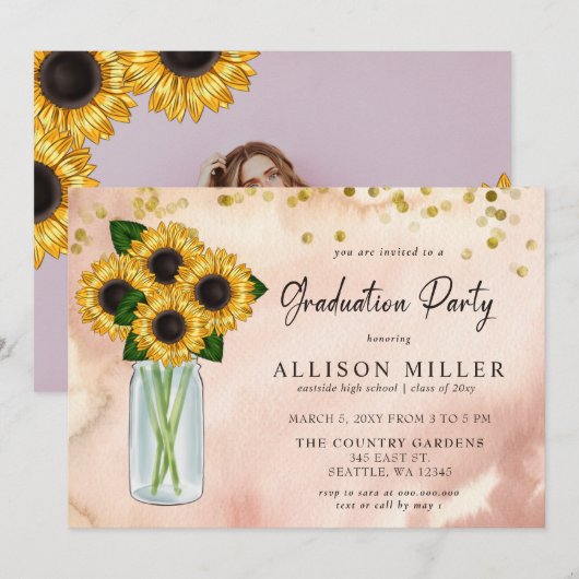 Rustic Mason Jar Sunflower Foto Afstuderen Kaart (Voorkant / Achterkant)