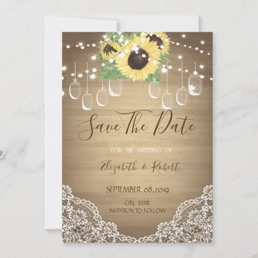 Rustic Mason Jar, Sunflower, Lace Save the Date (Voorkant)