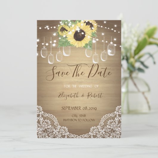 Rustic Mason Jar, Sunflower, Lace Save the Date (Staand voorkant)