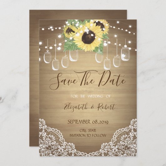 Rustic Mason Jar, Sunflower, Lace Save the Date (Voorkant / Achterkant)