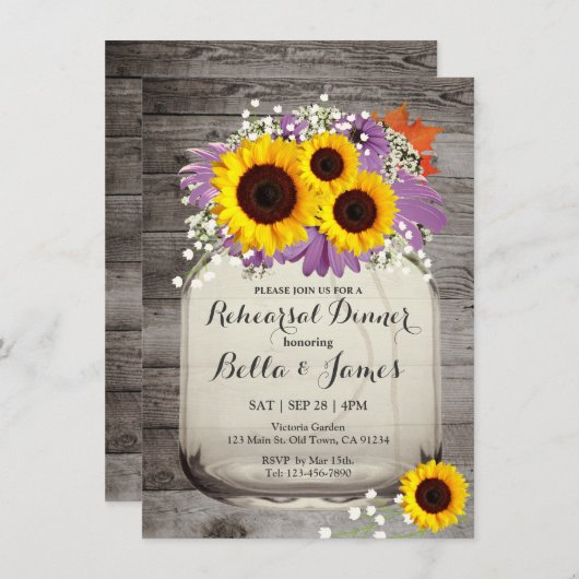 Rustic Mason Jar Sunflower Rehearsal Dinner Invite Kaart (Voorkant / Achterkant)