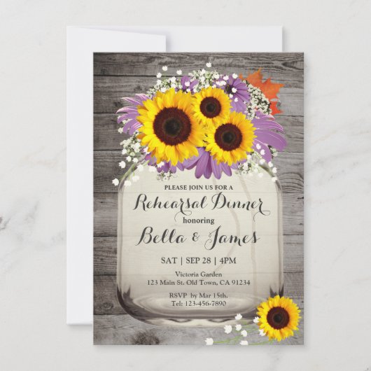 Rustic Mason Jar Sunflower Rehearsal Dinner Invite Kaart (Voorkant)