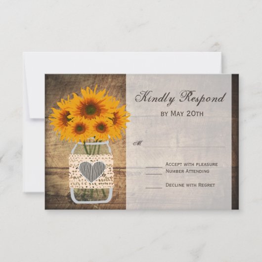 Rustic Mason Jar Sunflower RSVP-kaarten RSVP Kaartje (Voorkant)