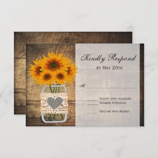 Rustic Mason Jar Sunflower RSVP-kaarten RSVP Kaartje (Voorkant / Achterkant)