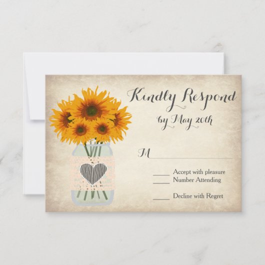 Rustic Mason Jar Sunflower RSVP-kaarten RSVP Kaartje (Voorkant)
