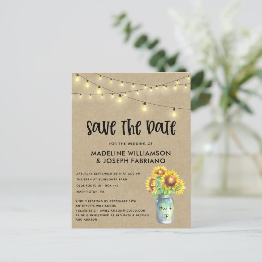 Rustic Mason Jar Sunflower Save the Date Briefkaart (Staand voorkant)