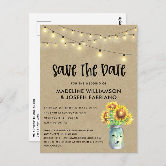 Rustic Mason Jar Sunflower Save the Date Briefkaart (Voorkant / Achterkant)
