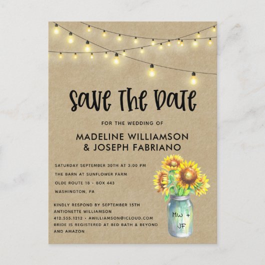 Rustic Mason Jar Sunflower Save the Date Briefkaart (Voorkant)