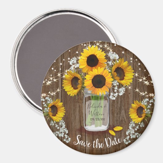 Rustic Mason Jar Sunflower Save the Date Wedding Magneet (Voorkant / Achterkant)