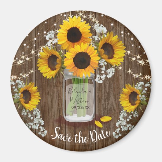 Rustic Mason Jar Sunflower Save the Date Wedding Magneet (Voorkant)