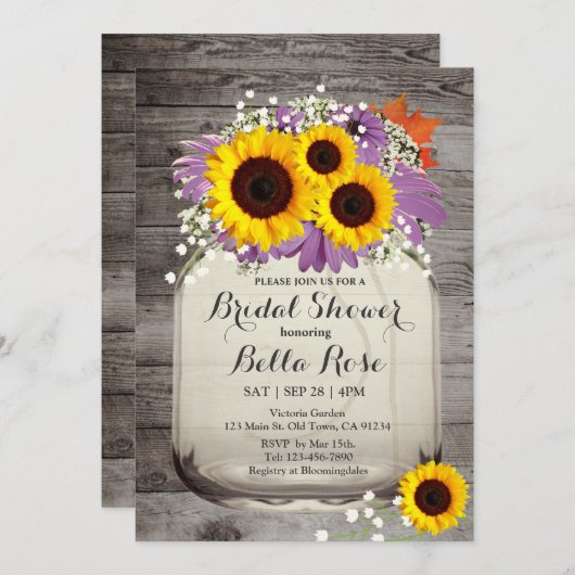 Rustic Mason Jar Sunflower Vrijgezellenfeest Invit Kaart (Voorkant / Achterkant)