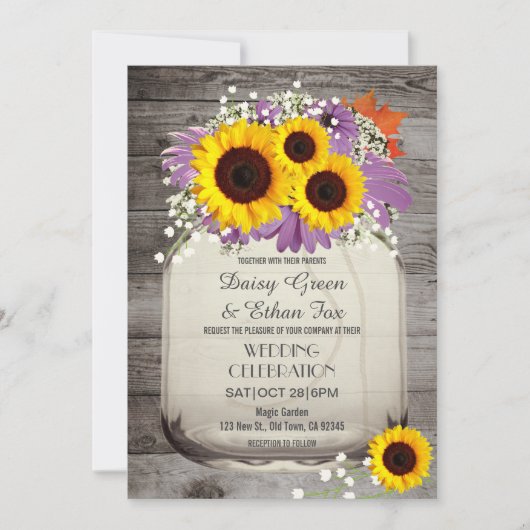 Rustic Mason Jar Sunflower Wedding Invite Kaart (Voorkant)