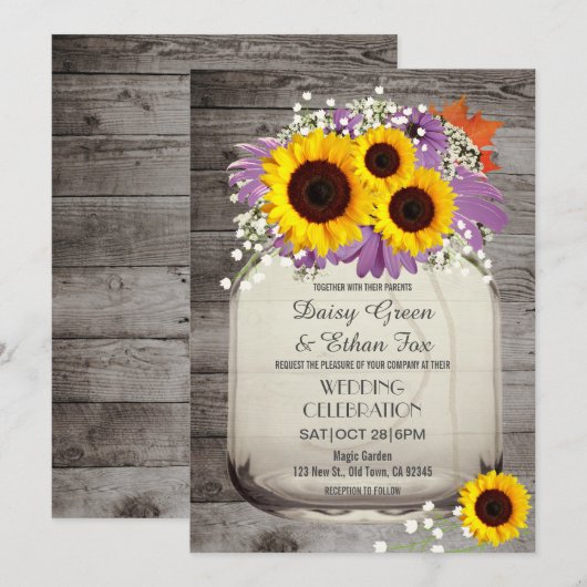 Rustic Mason Jar Sunflower Wedding Invite Kaart (Voorkant / Achterkant)