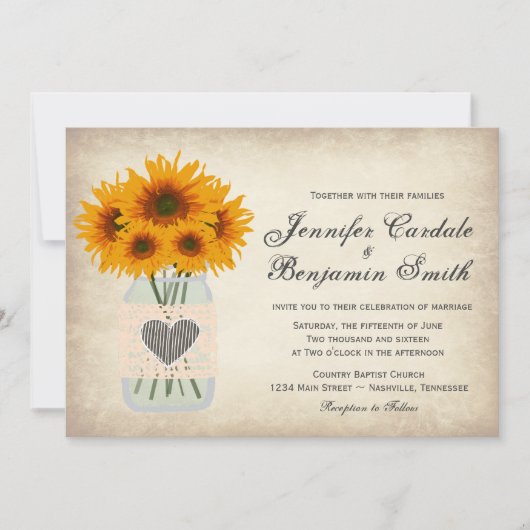 Rustic Mason Jar Sunflower Wedding Invitting Kaart (Voorkant)