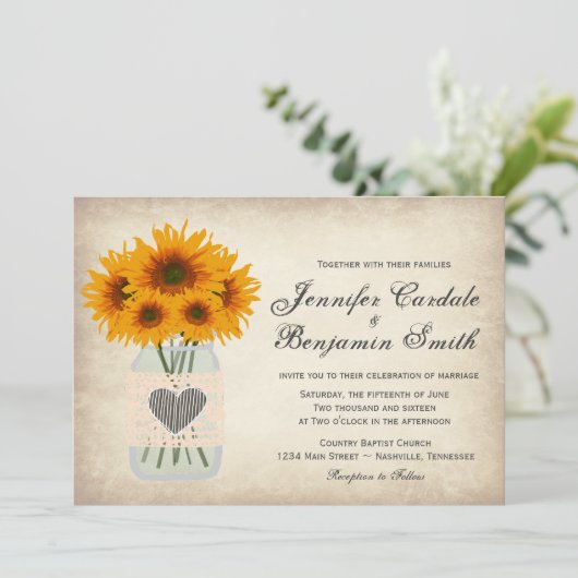 Rustic Mason Jar Sunflower Wedding Invitting Kaart (Staand voorkant)