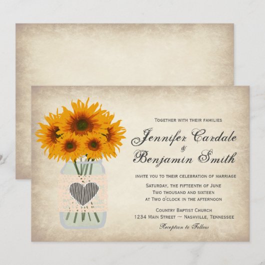 Rustic Mason Jar Sunflower Wedding Invitting Kaart (Voorkant / Achterkant)