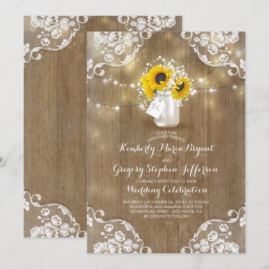 Rustic Mason Jar Sunflower Wedding Invitting Kaart (Voorkant / Achterkant)
