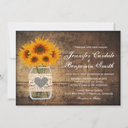 Rustic Mason Jar Sunflower Wedding Invitting Kaart (Voorkant)