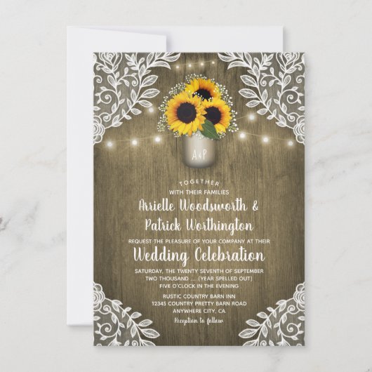 Rustic Mason Jar Sunflower Wedding Invitting Kaart (Voorkant)