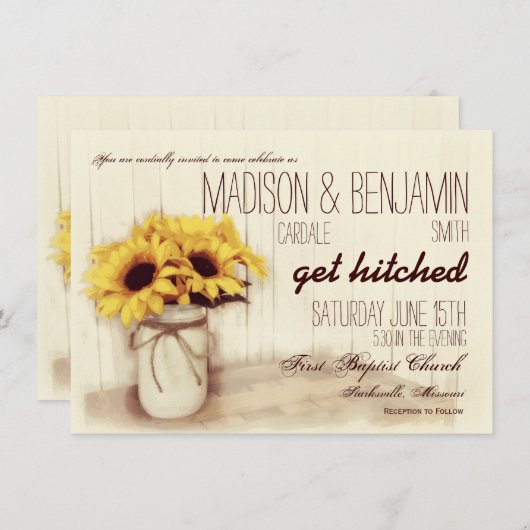 Rustic Mason Jar Sunflower Wedding Invitting Kaart (Voorkant / Achterkant)